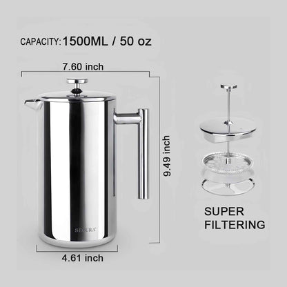 Stainless Steel French Press Coffee Maker | Double Wall Insulated (12oz–1.5L)