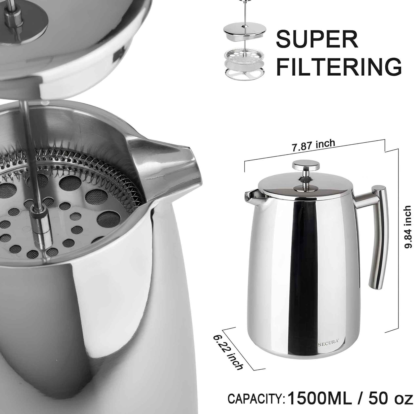 Stainless Steel French Press Coffee Maker | Double Wall Insulated (12oz–1.5L)