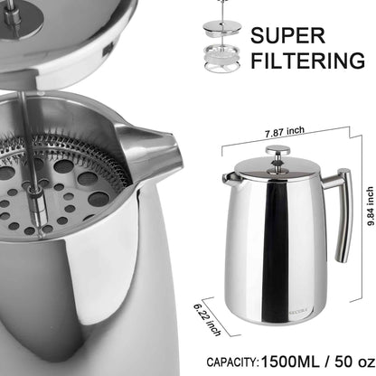 Stainless Steel French Press Coffee Maker | Double Wall Insulated (12oz–1.5L)