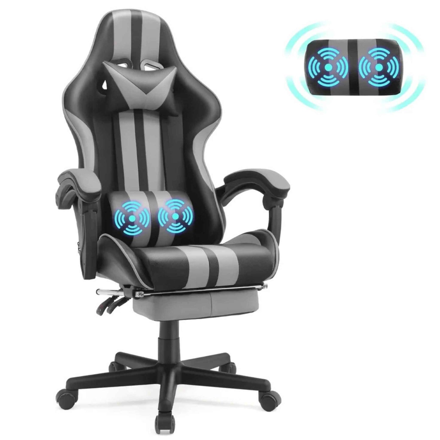 SOONTRANS Gaming Chair with Massage Lumbar Support, Footrest & Reclining Backrest – Grey Ergonomic Office Chair