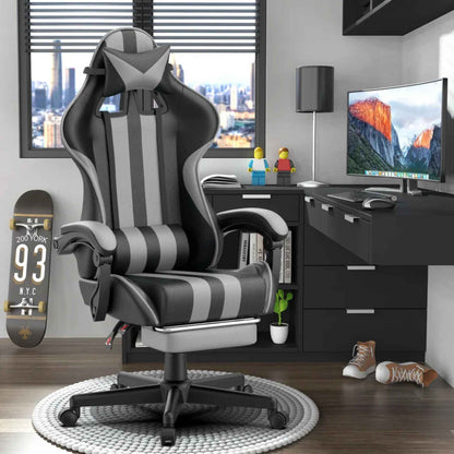 SOONTRANS Gaming Chair with Massage Lumbar Support, Footrest & Reclining Backrest – Grey Ergonomic Office Chair