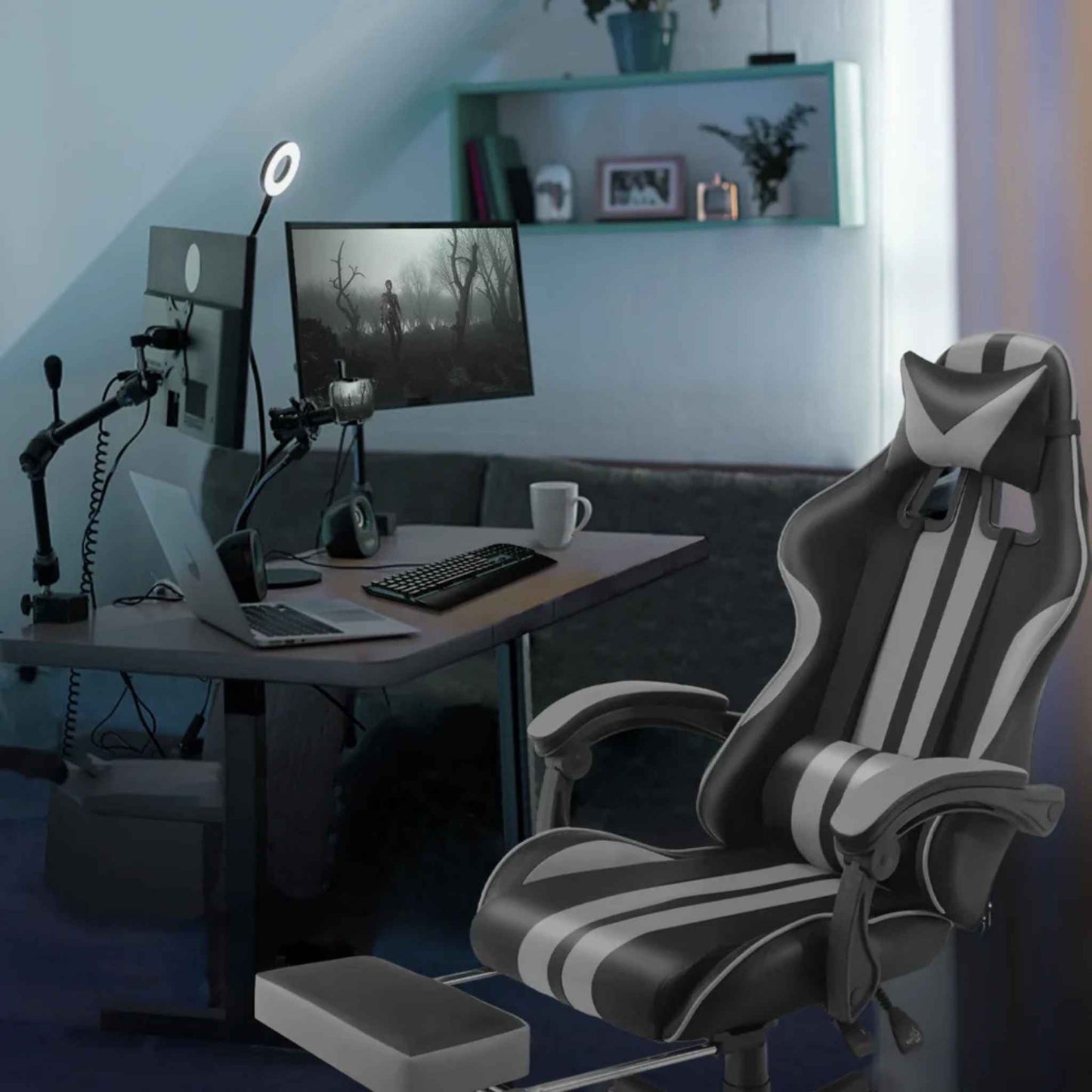 SOONTRANS Gaming Chair with Massage Lumbar Support, Footrest & Reclining Backrest – Grey Ergonomic Office Chair