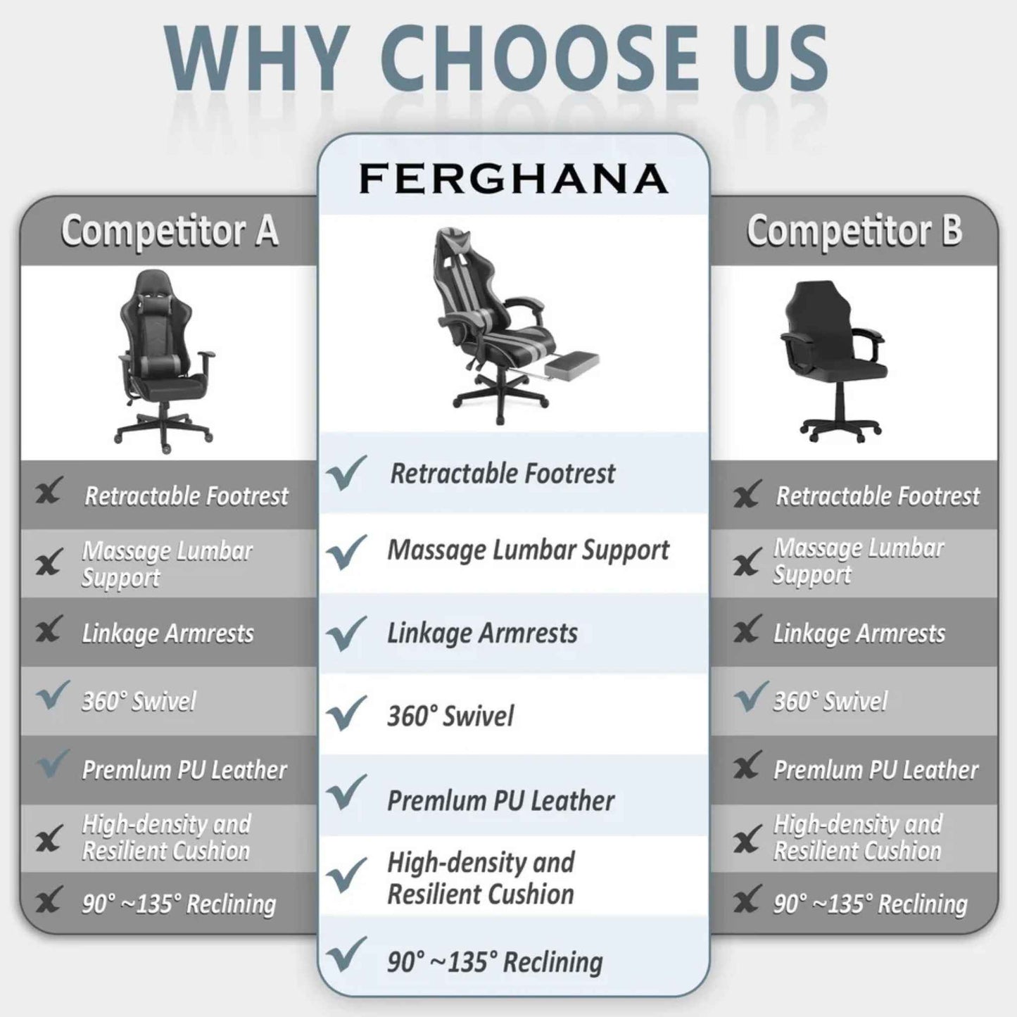 SOONTRANS Gaming Chair with Massage Lumbar Support, Footrest & Reclining Backrest – Grey Ergonomic Office Chair