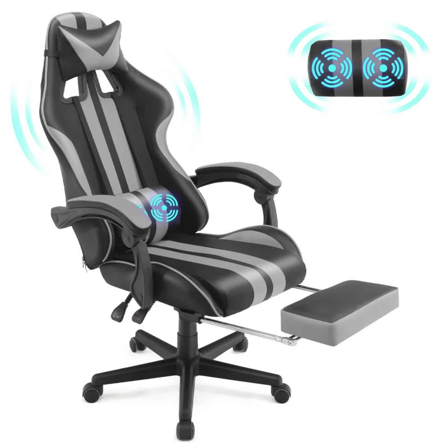 SOONTRANS Gaming Chair with Massage Lumbar Support, Footrest & Reclining Backrest – Grey Ergonomic Office Chair
