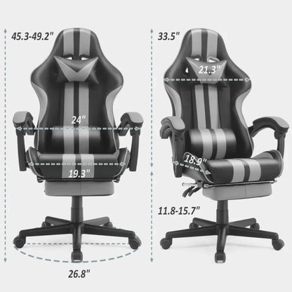 SOONTRANS Gaming Chair with Massage Lumbar Support, Footrest & Reclining Backrest – Grey Ergonomic Office Chair