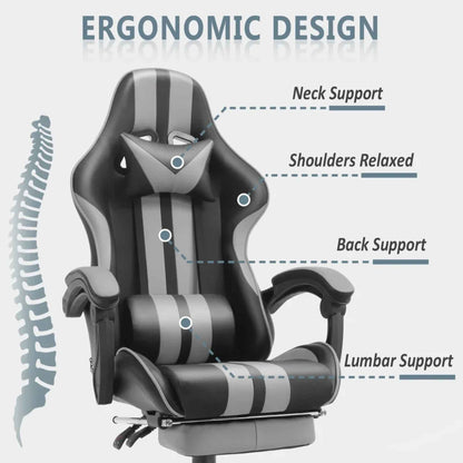 SOONTRANS Gaming Chair with Massage Lumbar Support, Footrest & Reclining Backrest – Grey Ergonomic Office Chair