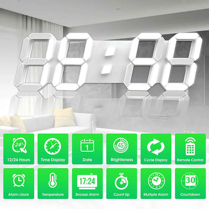 GlowDigit™ 3D LED Wall Clock – Oversized Digital Wall Clock with Alarm, Adjustable Brightness & Modern Home Decor Display