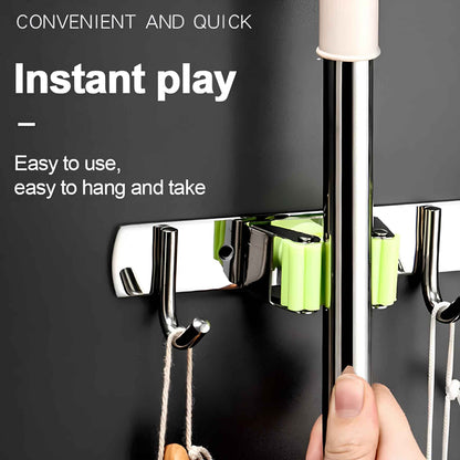 GripLock™ Stainless Steel Mop & Broom Holder – Wall Mount Space-Saving Organizer for Kitchen & Bathroom