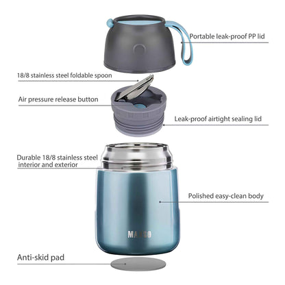 17 oz Insulated Food Jar for Hot & Cold Food – Stainless Steel Vacuum Thermos Lunch Container with Spoon, Light Blue