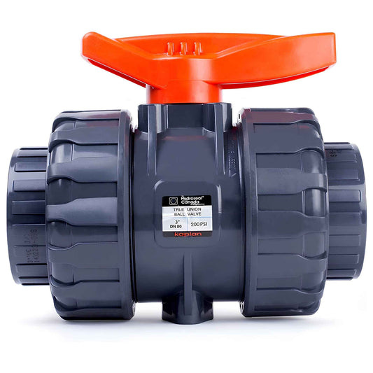 Kaplan 3" PVC True Union Ball Valve – Full Port, EPDM O-Rings, PTFE Seats, 200 PSI, ASTM F1970, Socket Type (Gray)