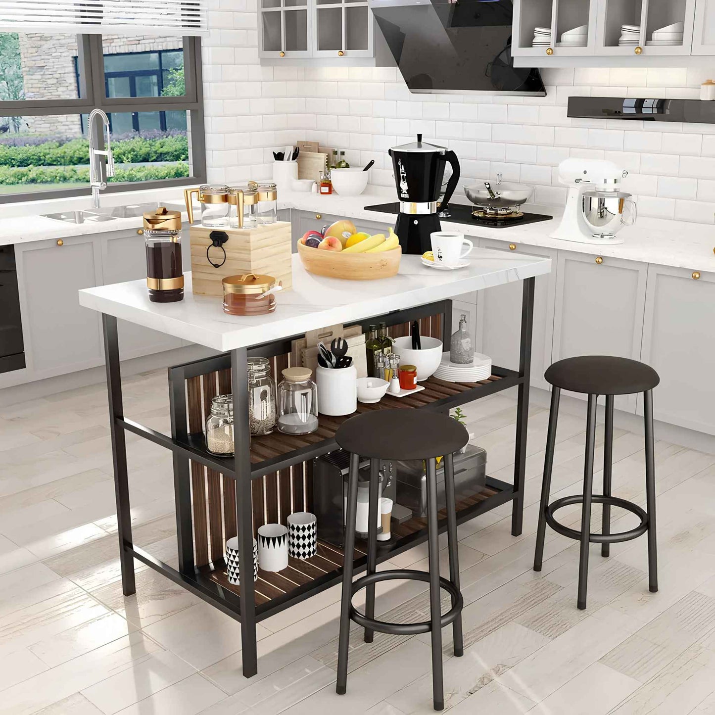 Kitchen Island with Seating – 3-Piece Counter Height Dining Table Set with Storage Shelves