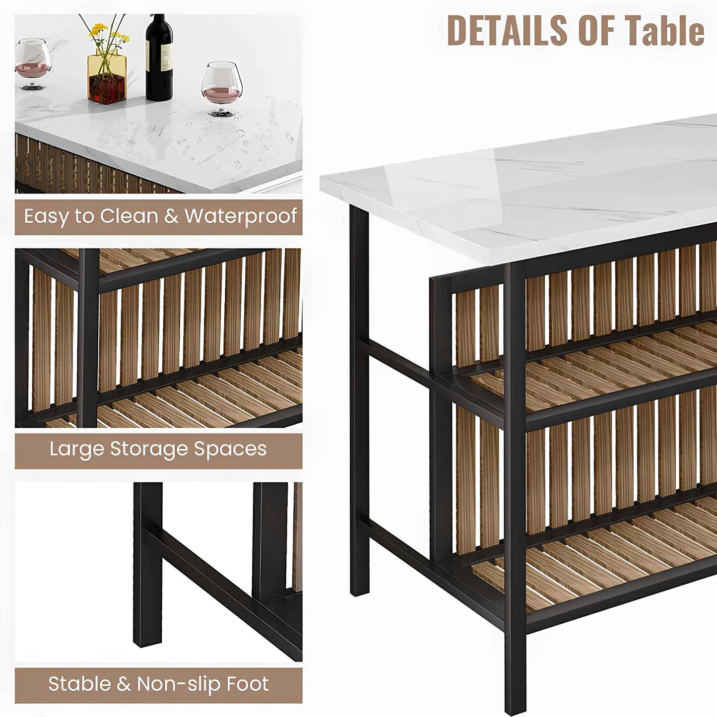 Kitchen Island with Seating – 3-Piece Counter Height Dining Table Set with Storage Shelves