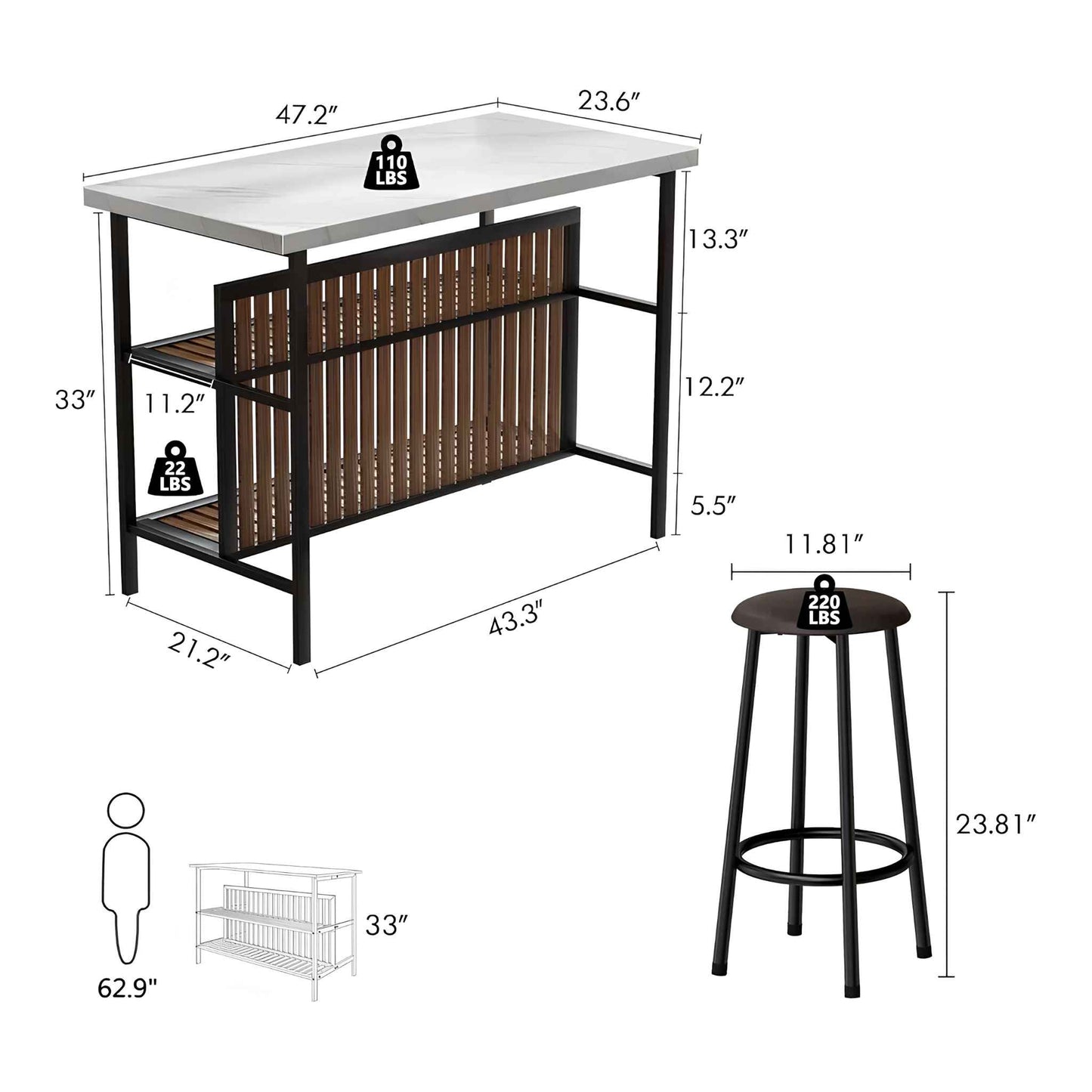 Kitchen Island with Seating – 3-Piece Counter Height Dining Table Set with Storage Shelves