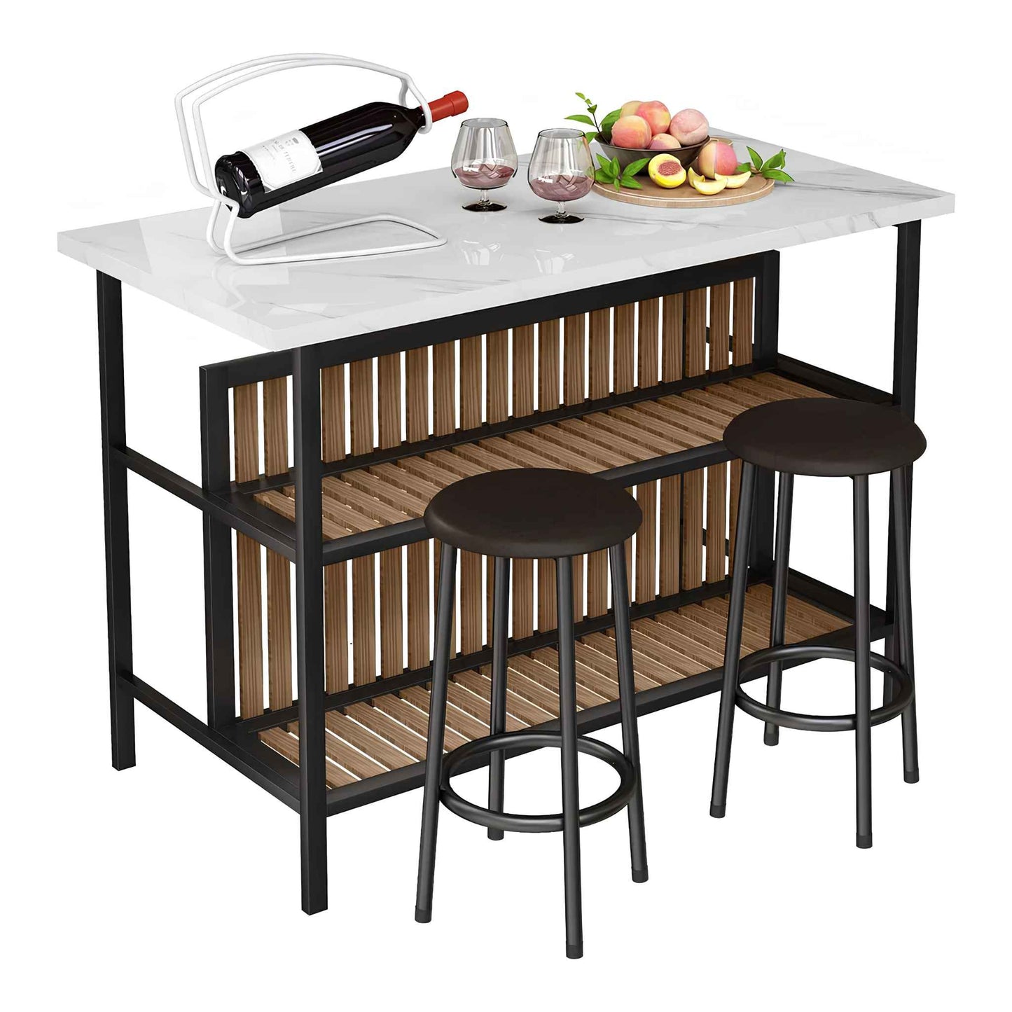 Kitchen Island with Seating – 3-Piece Counter Height Dining Table Set with Storage Shelves