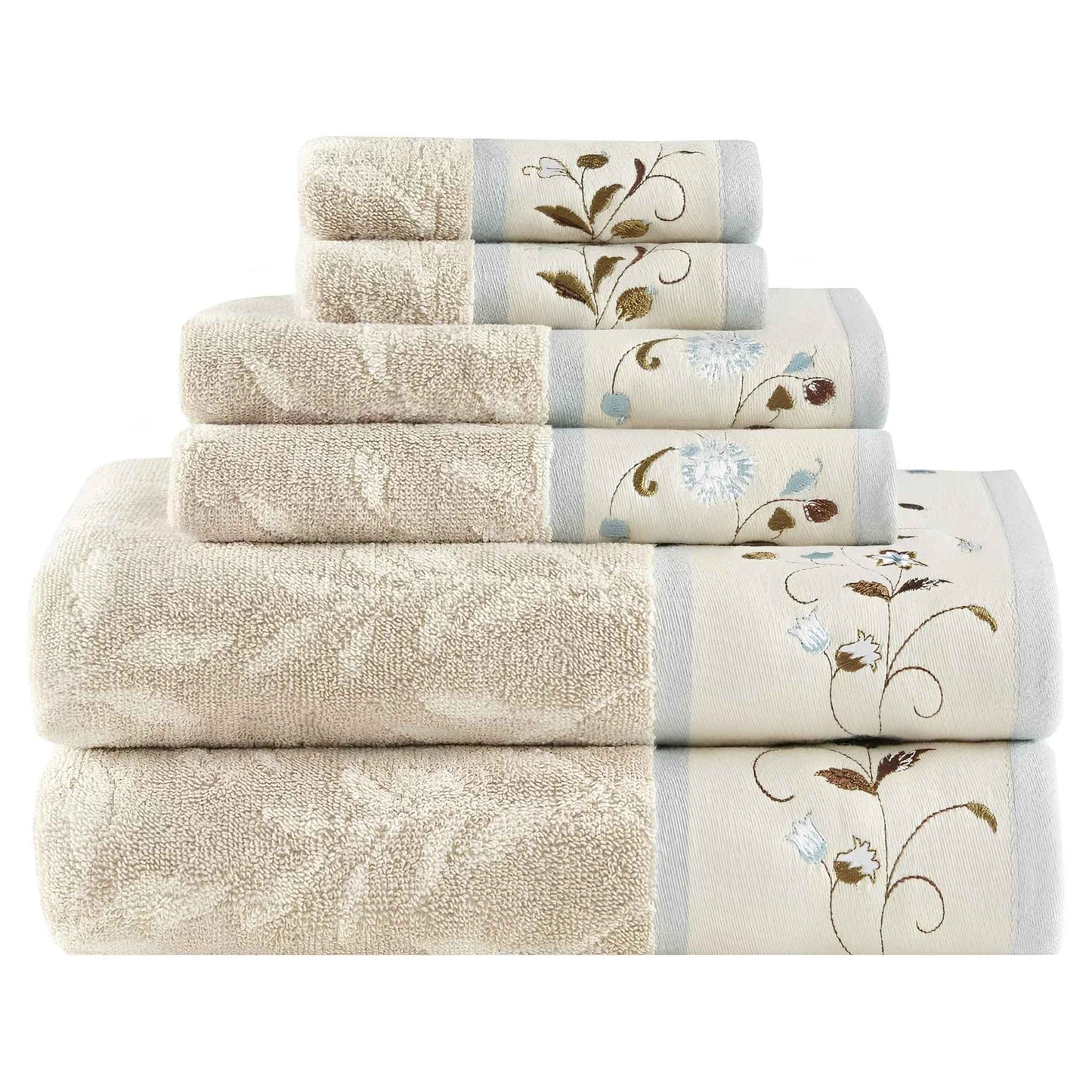 Madison Park Serene Floral Embroidered 100% Cotton Jacquard 6-Piece Bathroom Towel Set – Blue