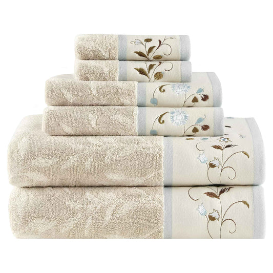 Madison Park Serene Floral Embroidered 100% Cotton Jacquard 6-Piece Bathroom Towel Set – Blue