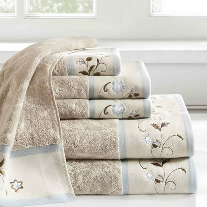 Madison Park Serene Floral Embroidered 100% Cotton Jacquard 6-Piece Bathroom Towel Set – Blue
