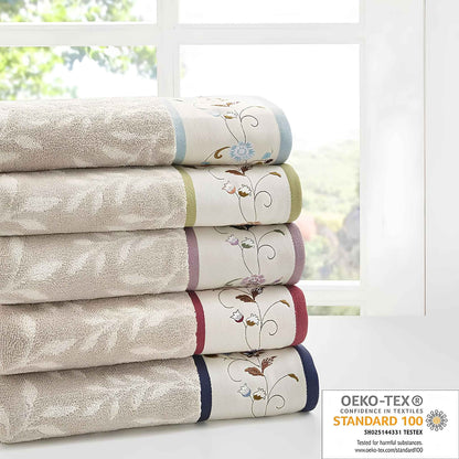 Madison Park Serene Floral Embroidered 100% Cotton Jacquard 6-Piece Bathroom Towel Set – Blue