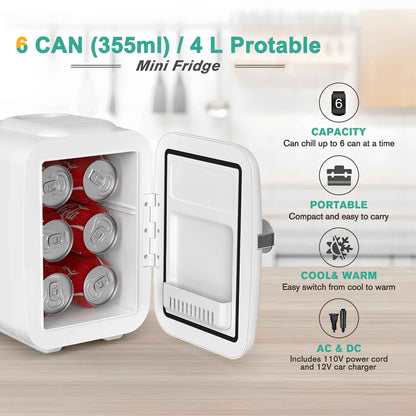 4L Mini Fridge Portable Cooler & Warmer – 6 Can Personal Refrigerator for Skincare, Cosmetics, Drinks, Food | Bedroom, Office, Car & Dorm Use (White)