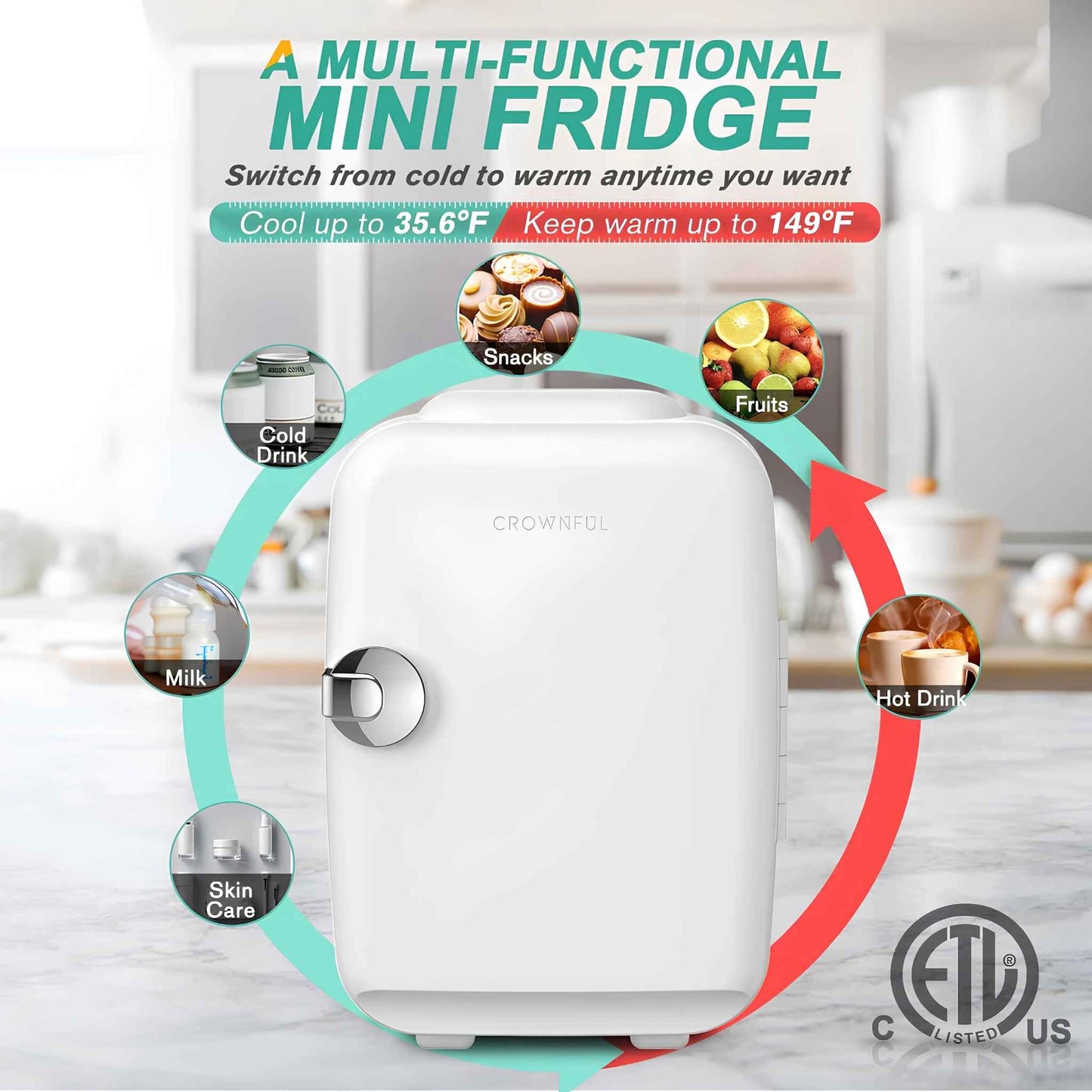 4L Mini Fridge Portable Cooler & Warmer – 6 Can Personal Refrigerator for Skincare, Cosmetics, Drinks, Food | Bedroom, Office, Car & Dorm Use (White)