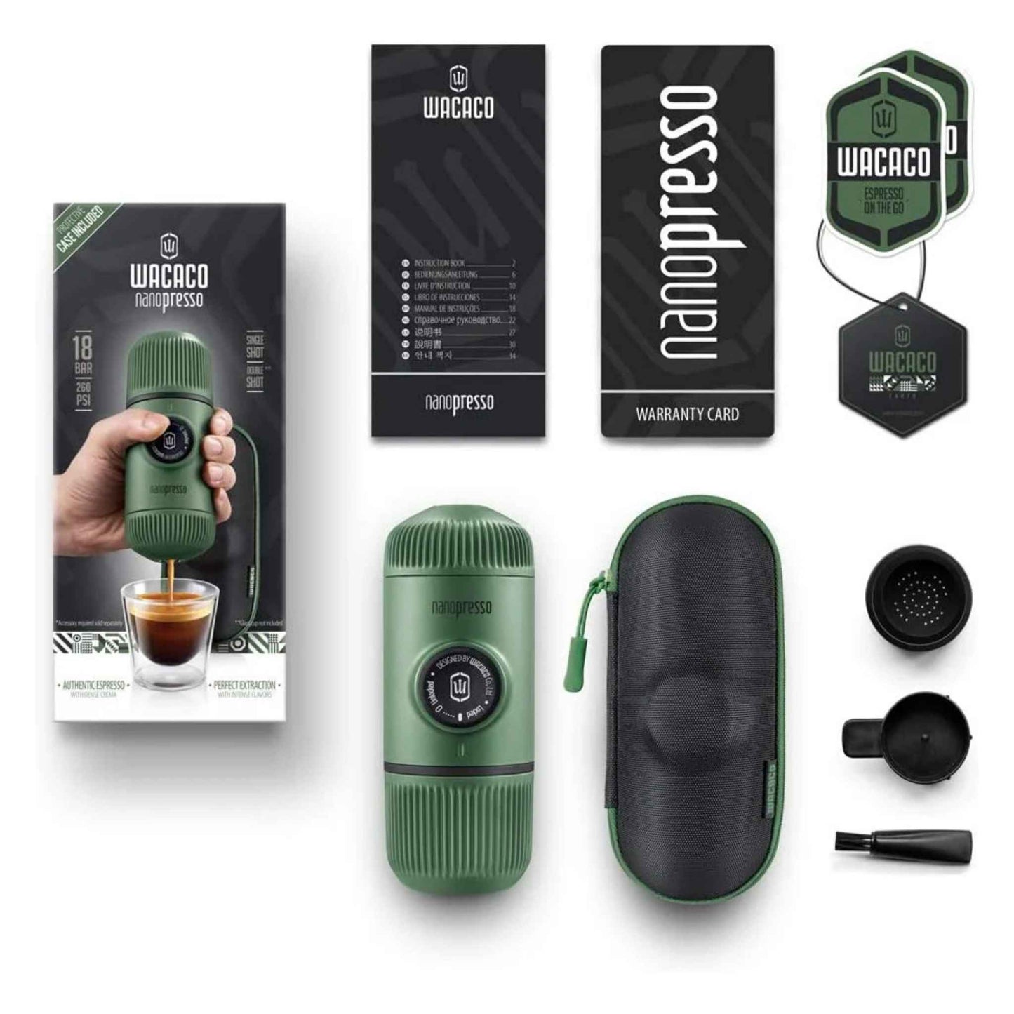 Nanopresso Portable Espresso Maker with Protective Case – Manual Travel Coffee Machine for Camping & Office (Moss Green)