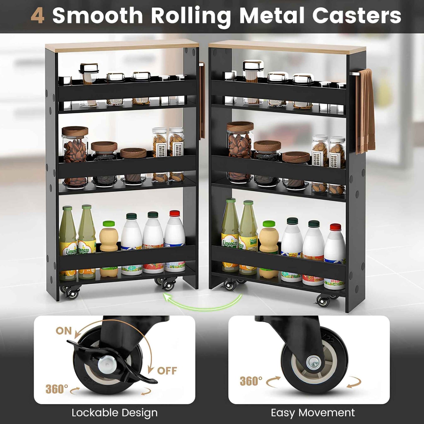 Narrow Rolling Storage Cart – 4-Tier Slim Mobile Utility Organizer with Lockable Wheels