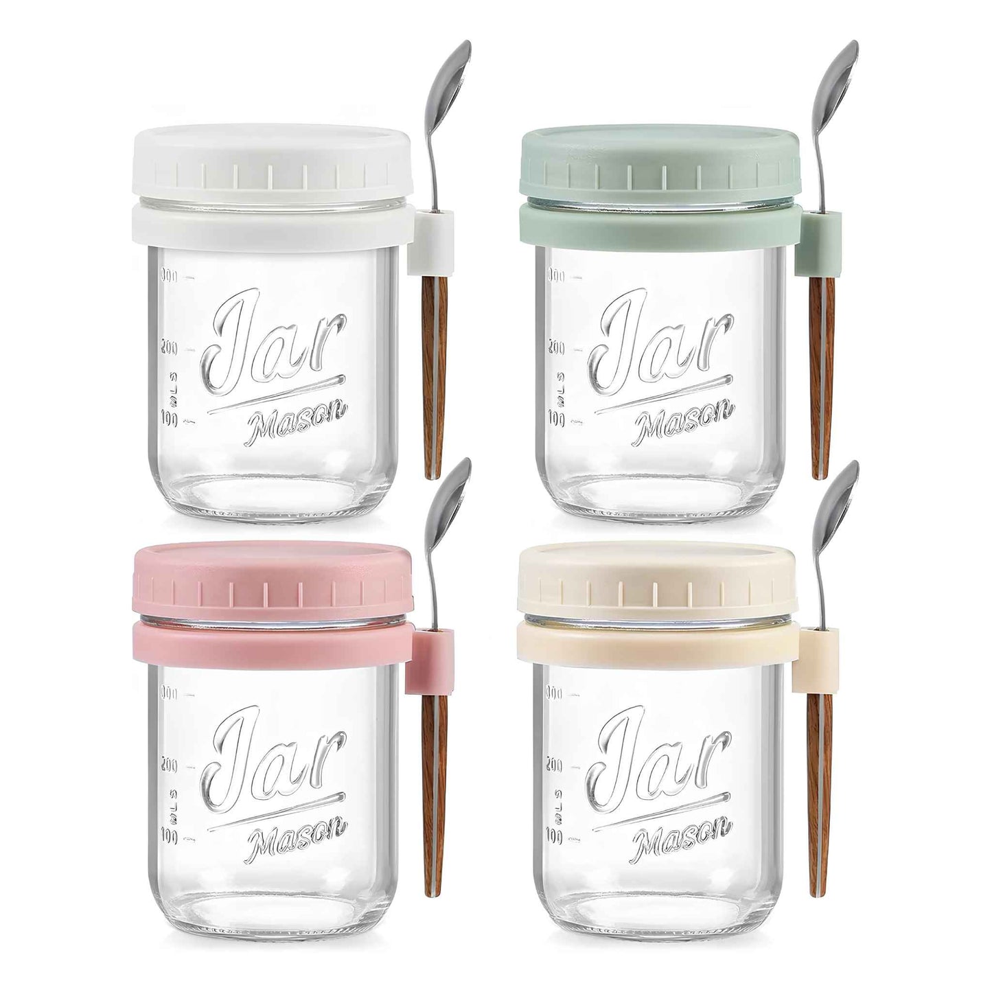 Overnight Oats Containers 4 Pack – 16oz Glass Mason Jars with Airtight Lids & Spoons