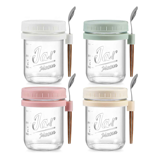 Overnight Oats Containers 4 Pack – 16oz Glass Mason Jars with Airtight Lids & Spoons