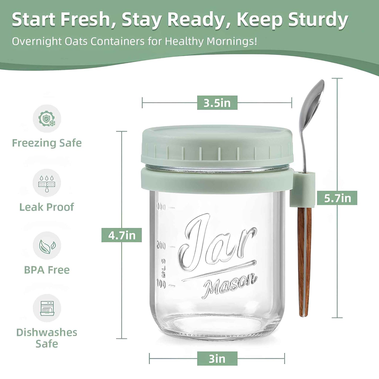 Overnight Oats Containers 4 Pack – 16oz Glass Mason Jars with Airtight Lids & Spoons
