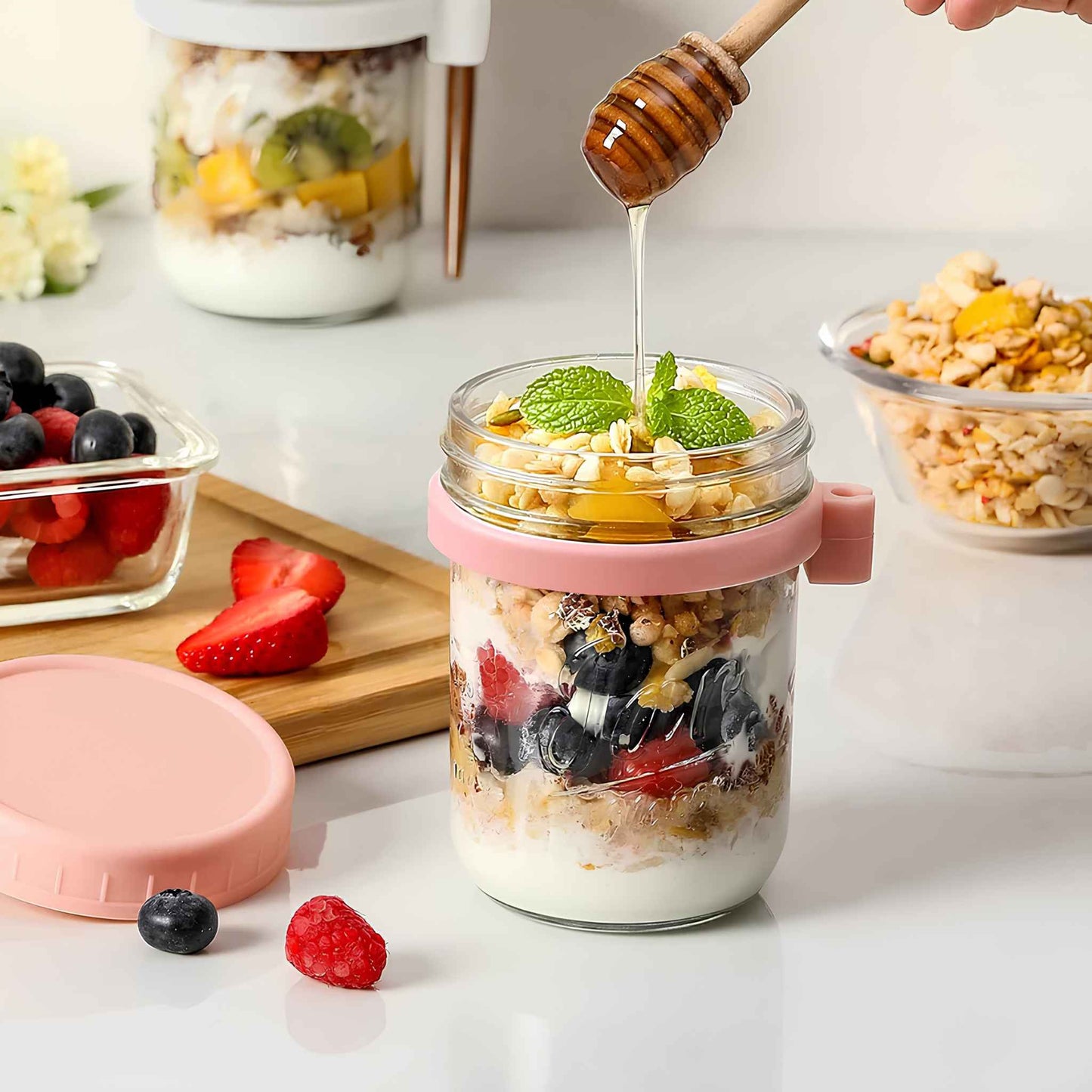 Overnight Oats Containers 4 Pack – 16oz Glass Mason Jars with Airtight Lids & Spoons