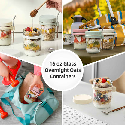 Overnight Oats Containers 4 Pack – 16oz Glass Mason Jars with Airtight Lids & Spoons