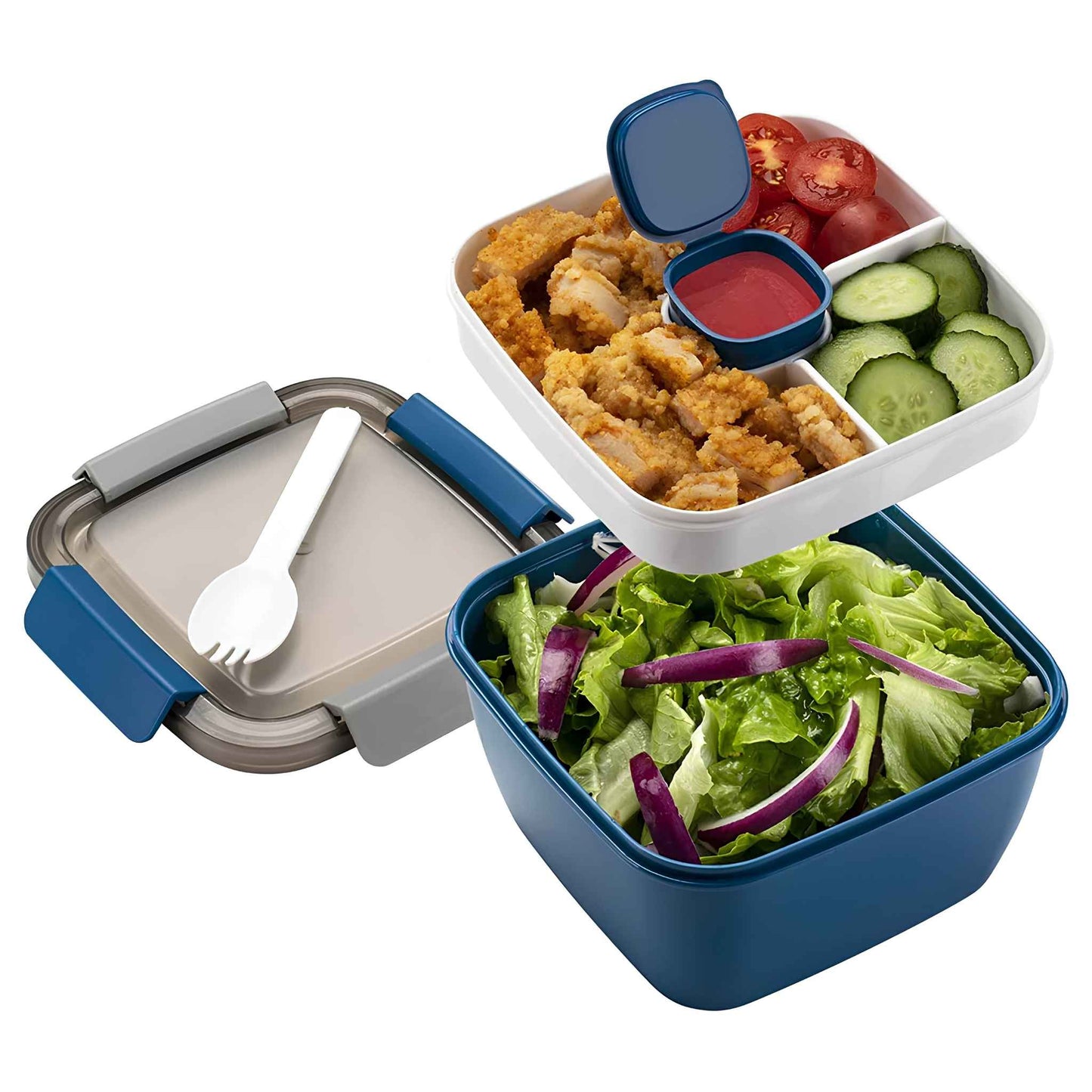 52 oz Salad Lunch Container with Compartments & Dressing Cup – Leakproof Salad Bowl To Go, Blue