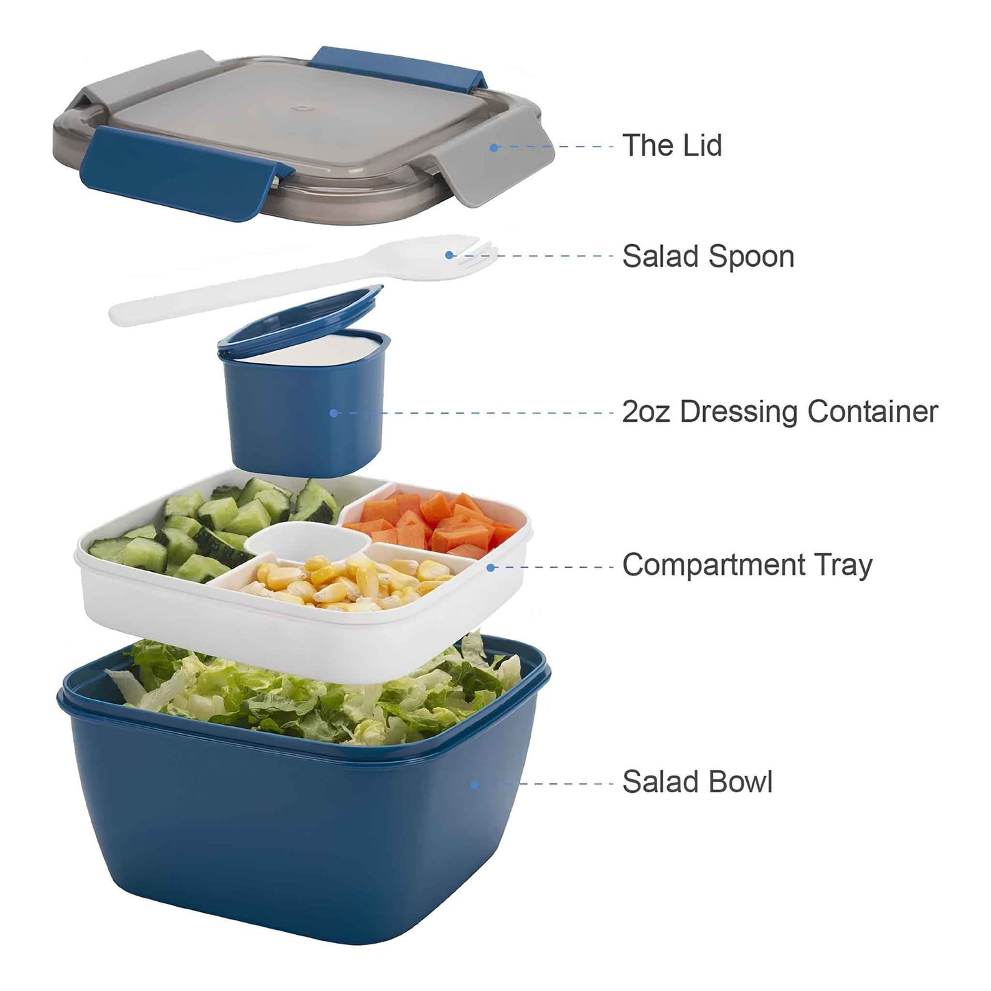 52 oz Salad Lunch Container with Compartments & Dressing Cup – Leakproof Salad Bowl To Go, Blue