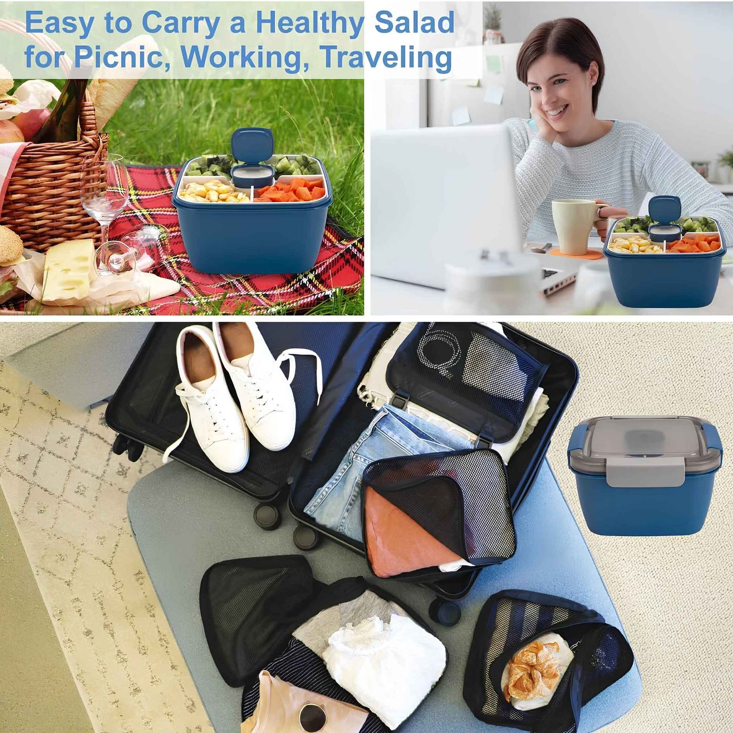 52 oz Salad Lunch Container with Compartments & Dressing Cup – Leakproof Salad Bowl To Go, Blue