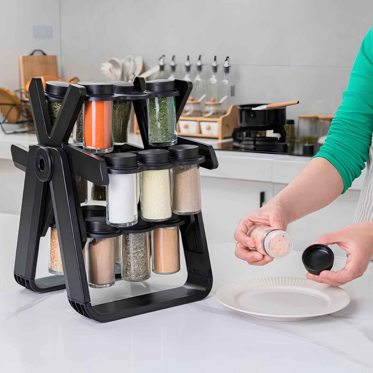SpinMaster™ 18-Piece Rotating Spice Rack – Countertop Spinning Spice Organizer with Glass Jars for Easy Kitchen Access