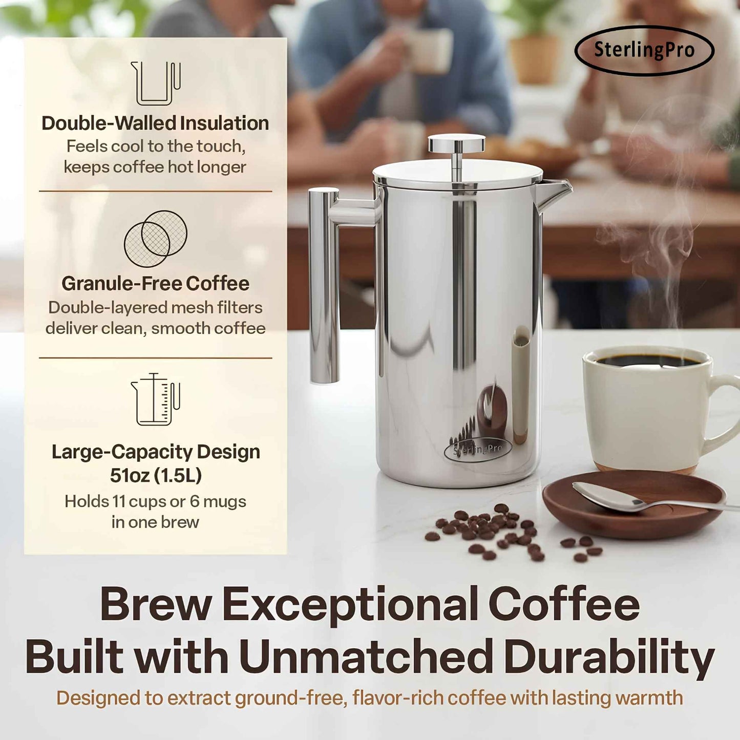 Stainless Steel French Press Coffee Maker | Double Wall Insulated (12oz–1.5L)