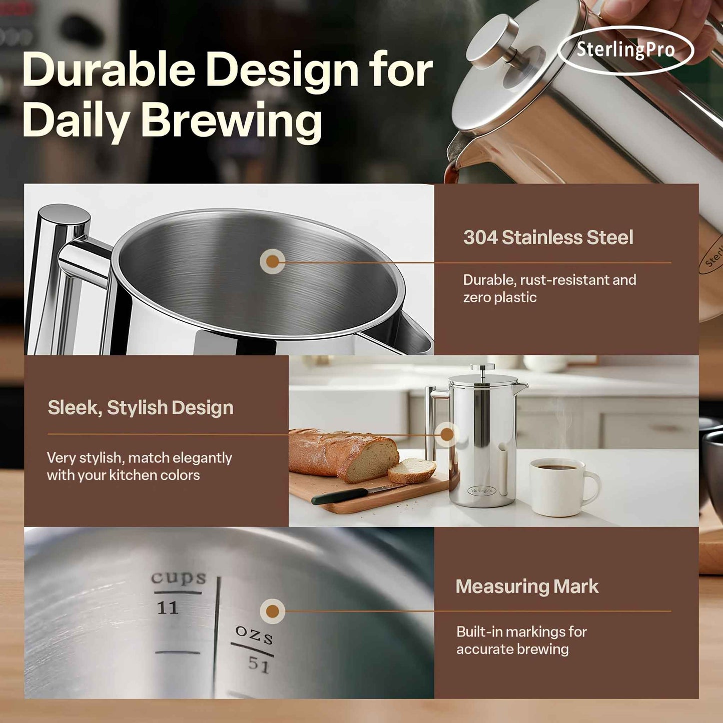 Stainless Steel French Press Coffee Maker | Double Wall Insulated (12oz–1.5L)