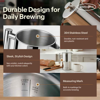 Stainless Steel French Press Coffee Maker | Double Wall Insulated (12oz–1.5L)
