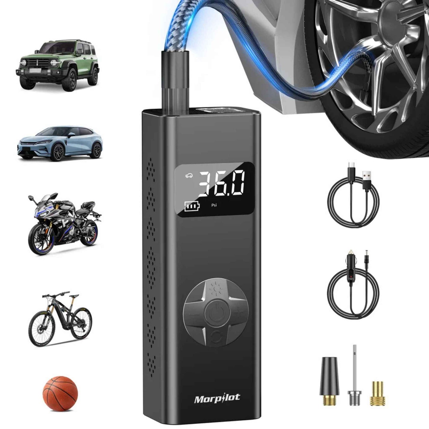 Portable Tire Inflator Air Compressor – 150 PSI Cordless Electric Air Pump with LCD Display, LED Light & 12V DC Power