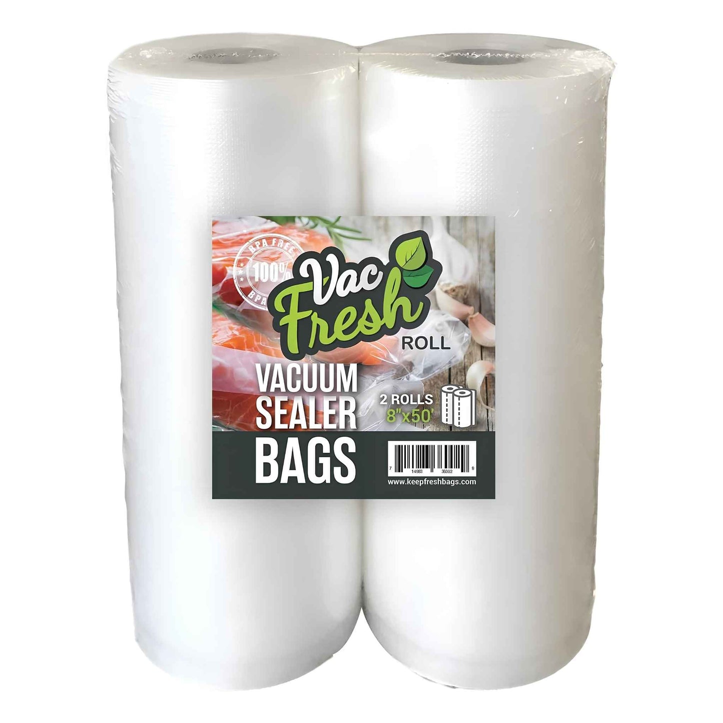 Vac Fresh Vacuum Sealer Rolls 8” x 50’ – 2 Pack Embossed Food Storage Bags for Meal Prep, Sous Vide & Freezer Storage (100 Feet Total)