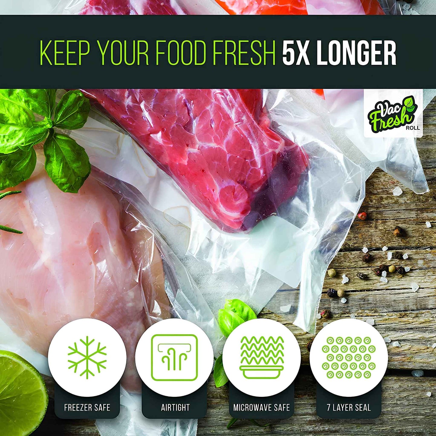 Vac Fresh Vacuum Sealer Rolls 8” x 50’ – 2 Pack Embossed Food Storage Bags for Meal Prep, Sous Vide & Freezer Storage (100 Feet Total)