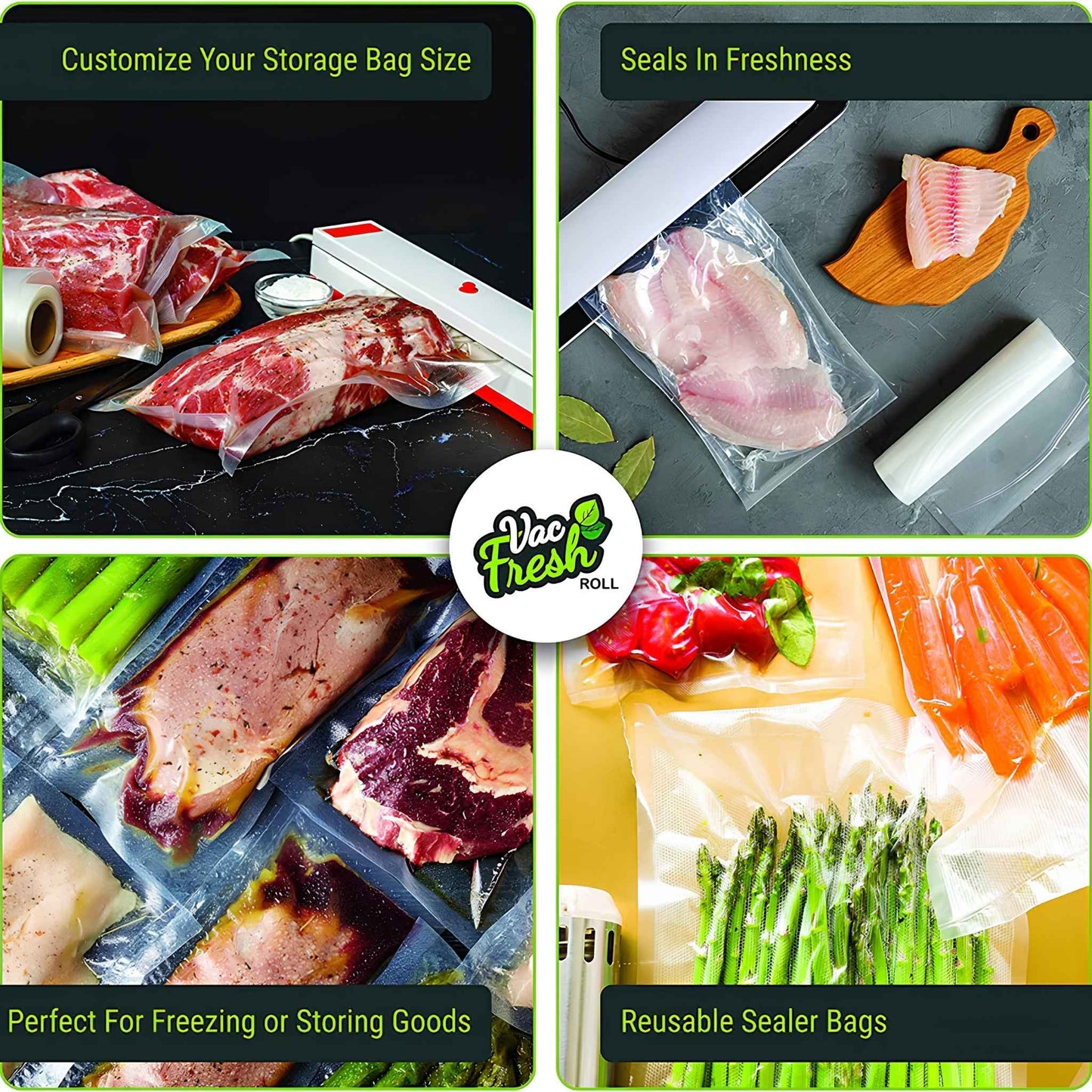 Vac Fresh Vacuum Sealer Rolls 8” x 50’ – 2 Pack Embossed Food Storage Bags for Meal Prep, Sous Vide & Freezer Storage (100 Feet Total)