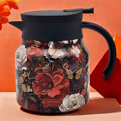 Vintage Thermal Insulated Tea & Coffee Pot – Vacuum Insulated Flask with Tea Filter – Keeps Drinks Hot for Hours – Floral Design Hot Water Thermos