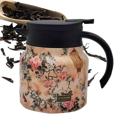 Vintage Thermal Insulated Tea & Coffee Pot – Vacuum Insulated Flask with Tea Filter – Keeps Drinks Hot for Hours – Floral Design Hot Water Thermos